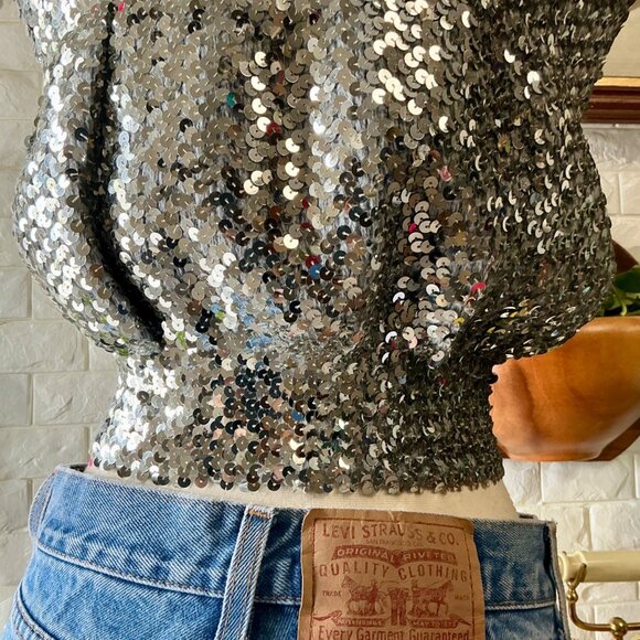 Vintage 1970s Disco Metallic Silver Sequin Tube Top - Picture 9 of 11